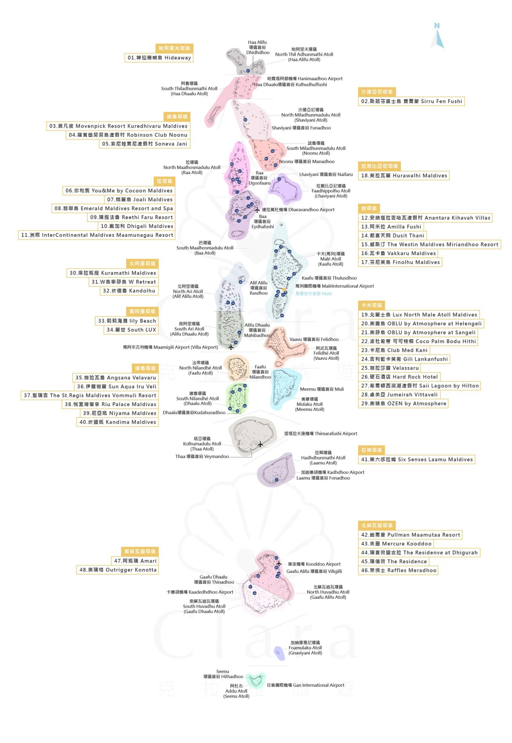 馬爾地夫環礁與度假村對照地圖
