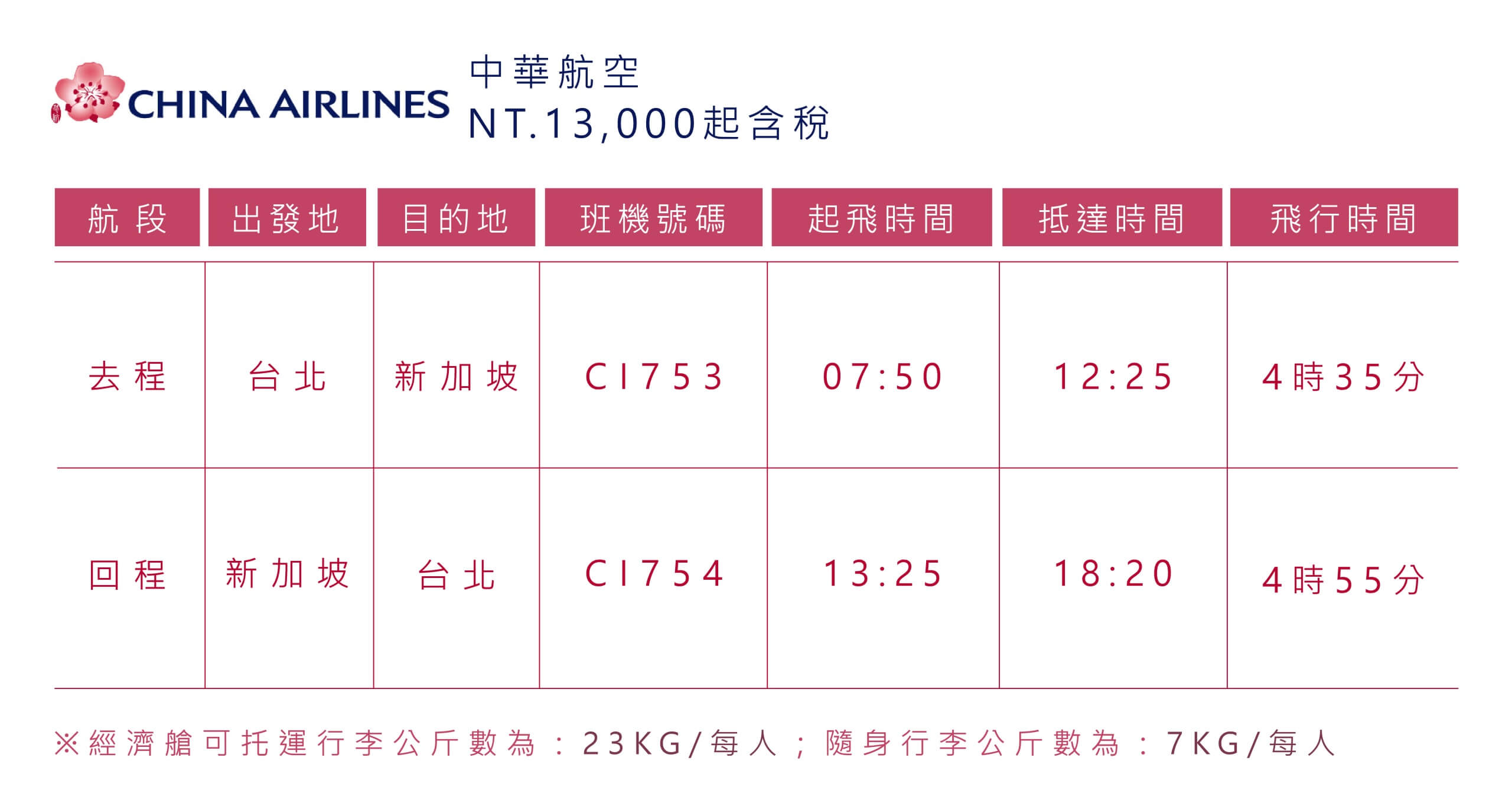 台灣飛新加坡華航航班及機票費用