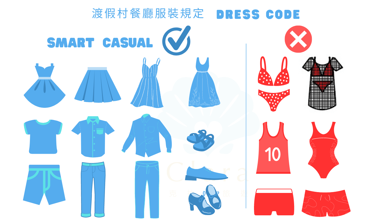 有些渡假村的餐廳是有服裝規定的喔，穿著Smart Casual (優雅便裝)。 男生不要只穿吊嘎、海灘褲+夾腳拖 女生不要只穿比基尼或寬鬆衣物